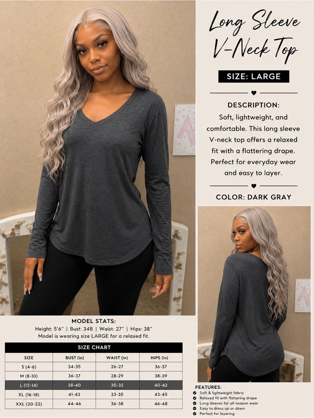 Women's V-Neck Long Sleeve Top - Dark Gray